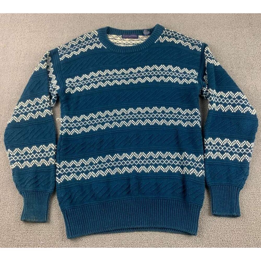 Vintage Claybrooke Sweater Men M Blue Knit Crewneck Holiday Cosby Hong Kong Made